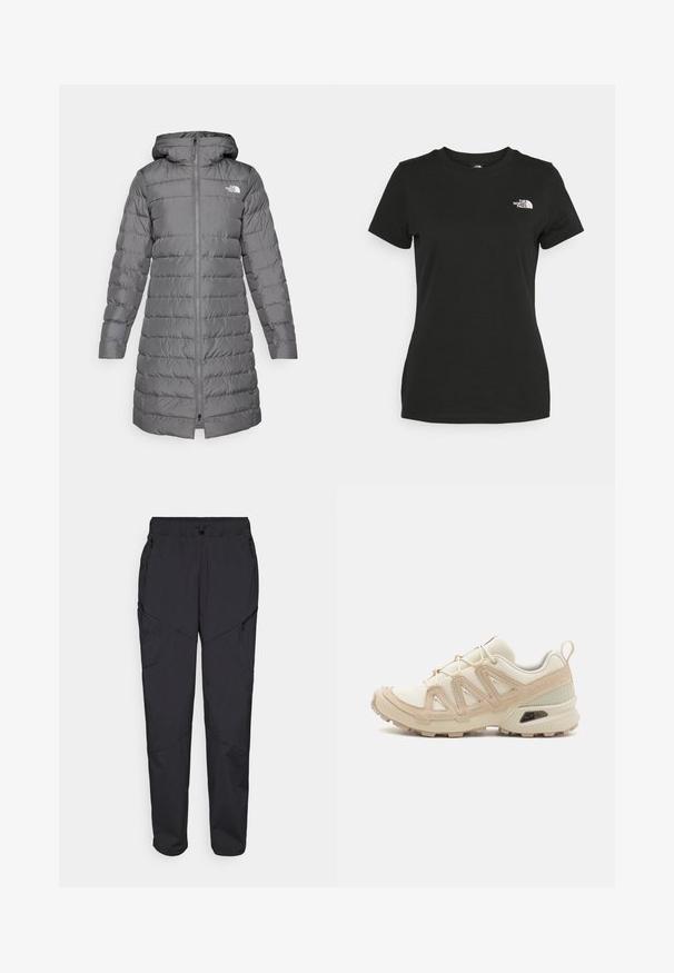 Šedá péřová bunda s kapucí, s předním zipem, vertikálním prošíváním a logem na levé hrudi.; Černé bavlněné tričko s kulatým výstřihem a krátkými rukávy. Výrazné bílé logo na horní levé straně. Hladká textura, ležérní střih.; Černé cargo kalhoty s elastickým pasem, několika zipovými kapsami a panely pro zvýšení struktury a designu.; Béžová a krémová sportovní obuv s texturovaným síťovaným svrškem, podpůrnými překryvy a gumovou podrážkou s dezénem pro lepší přilnavost.