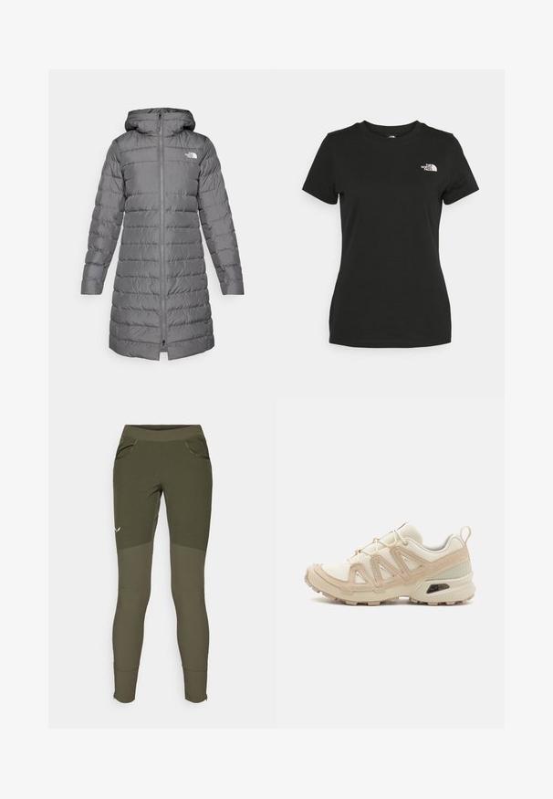 Casaco puffer cinza com capuz, apresentando fecho éclair frontal, padrão de matelassé vertical e detalhe do logo no lado esquerdo do peito.; T-shirt de algodão preta com decote redondo e mangas curtas. Logótipo branco notável no lado superior esquerdo. Textura suave, ajuste casual.; Calças de desporto verdes-azeitona com um design texturizado, dois bolsos laterais, um ajuste justo e punhos com fecho éclair para aberturas de pernas ajustáveis.; Sapatilha atlética beige e creme com parte superior em malha texturizada, sobreposições de suporte e sola de borracha com um padrão de cravo para tração.