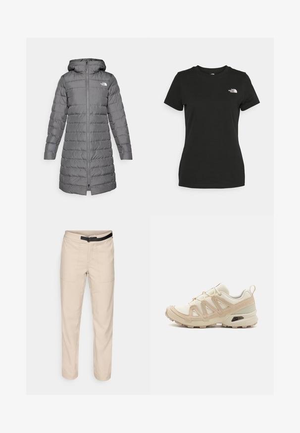 Abrigo de plumas gris con capucha, que cuenta con cierre delantero, patrón de acolchado vertical y acento de logo en el lado izquierdo del pecho.; Camiseta de algodón negra con cuello redondo y mangas cortas. Logo blanco notable en el lado superior izquierdo. Textura suave, ajuste casual.; Pantalones beiges con una textura suave, que presentan dos bolsillos delanteros, un cinturón negro y un diseño de pierna recta.; Zapatilla deportiva beige y crema con parte superior de malla texturizada, superposiciones de soporte y suela de goma con un patrón de tracción.