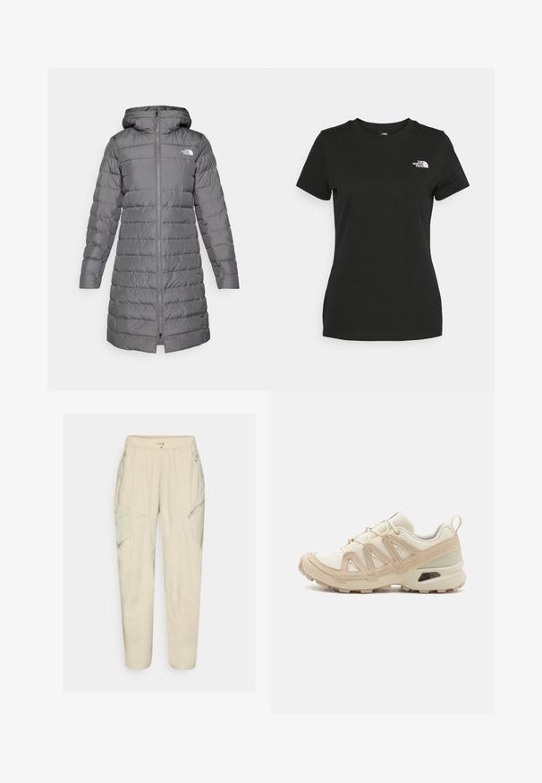 Gray puffer coat with hood, featuring a zip front, vertical quilted pattern, and logo accent on the left chest.; Black cotton t-shirt featuring a crew neckline and short sleeves. Notable white logo on the upper left side. Smooth texture, casual fit.; Light beige cargo pants with an elastic waistband, zippered pockets, and panel details. Made from a smooth, lightweight fabric.; Beige and cream athletic shoe with textured mesh upper, supportive overlays, and rubber outsole featuring a tread pattern for traction.