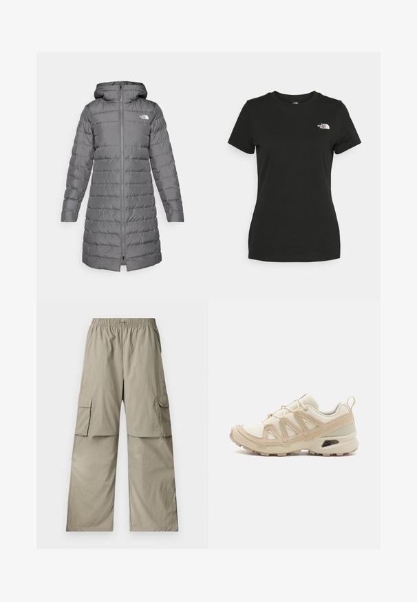 Grijze pufferjas met capuchon, voorzien van een rits aan de voorkant, verticale stikselpatroon en logo-accent op de linkerkant van de borst.; Zwarte katoenen t-shirt met een ronde hals en korte mouwen. Opvallend wit logo op de bovenlinker kant. Soepele textuur, casual pasvorm.; Beige cargobroek van lichtgewicht stof, met een elastische tailleband, een losse pasvorm en twee grote zijzakken.; Beige en crème sportschoen met een textuur-mesh bovenwerk, ondersteunende overlays en een rubberen zool met een profielpatroon voor grip.