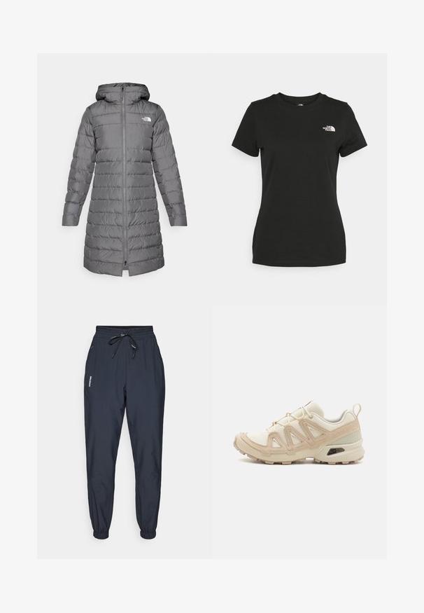 Gray puffer coat with hood, featuring a zip front, vertical quilted pattern, and logo accent on the left chest.; Black cotton t-shirt featuring a crew neckline and short sleeves. Notable white logo on the upper left side. Smooth texture, casual fit.; Dark blue jogger pants with an elastic waist and adjustable drawstring. Features tapered cuffs and a side logo detail.; Beige and cream athletic shoe with textured mesh upper, supportive overlays, and rubber outsole featuring a tread pattern for traction.