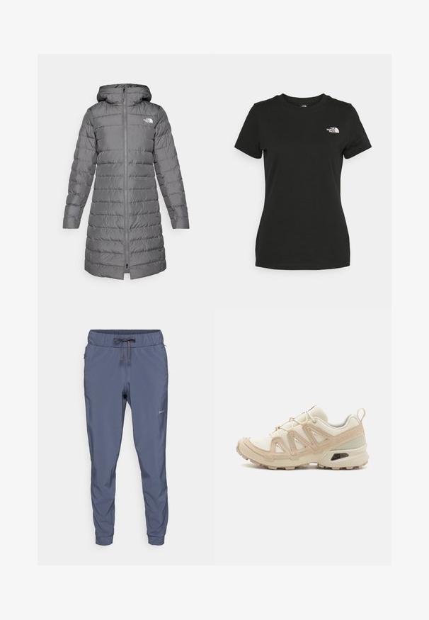 Casaco puffer cinza com capuz, apresentando fecho éclair frontal, padrão de matelassé vertical e detalhe do logo no lado esquerdo do peito.; T-shirt de algodão preta com decote redondo e mangas curtas. Logótipo branco notável no lado superior esquerdo. Textura suave, ajuste casual.; Patagonia TERREBONNE JOGGERS - Calças para exterior - smolder blue; Sapatilha atlética beige e creme com parte superior em malha texturizada, sobreposições de suporte e sola de borracha com um padrão de cravo para tração.