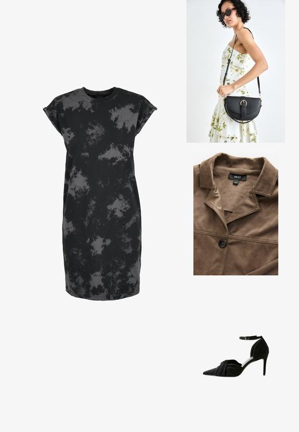 Pruun faux-nahast särk-jakk, millel on avatud krae, ees nupukinnitus ja üks rinnatasku. Pehme tekstuur ja õmblustöö.; Must valge lühikese varrukaga kleit, millel on erinevates hallides toonides vikerkaare mustriga, valmistatud pehmest kangast ja lõdva istuvusega.; Must musta kõrge kontsaga king, terava varbaga, esipoolses sõlmes detailiga, jalas rihmaga ja õhuke stilettokonts.; Mustmust mustraha kõverate joontega, eemaldatava rihmaga ja kuldsete detailidega. Kotil on klapp, millel on pandladetail.