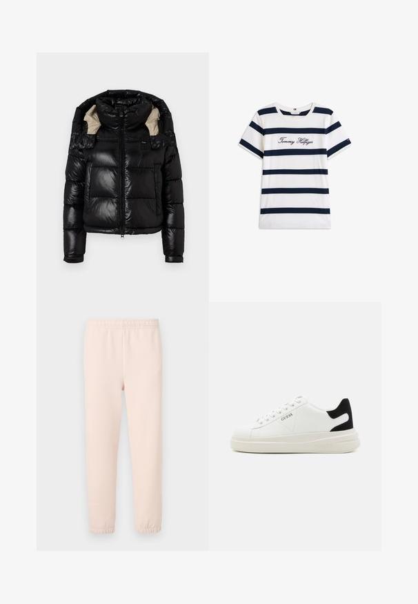 Črna napihnjena jakna z sijočo površino, visokim ovratnikom in bež podlogo. Ima zadrgo, dva sprednja žepa in prilagodljive manšete.; Bombažna majica s horizontalnimi mornarsko modrimi črtami na belem ozadju. "Tommy Hilfiger" izvezeno v kurzivni pisavi na prsih. Okrugli izrez.; Svetlo rožnate trenirke z elastičnim pasom in nabranimi manšetami, izdelane iz mehkega bombažnega materiala s gladko teksturo.; Bele usnjene športne copate z debelim belim podplatom, črnimi semišnimi detajli na peti in utisnjenim logotipom na strani. Zavezovanje s šestimi luknjicami.