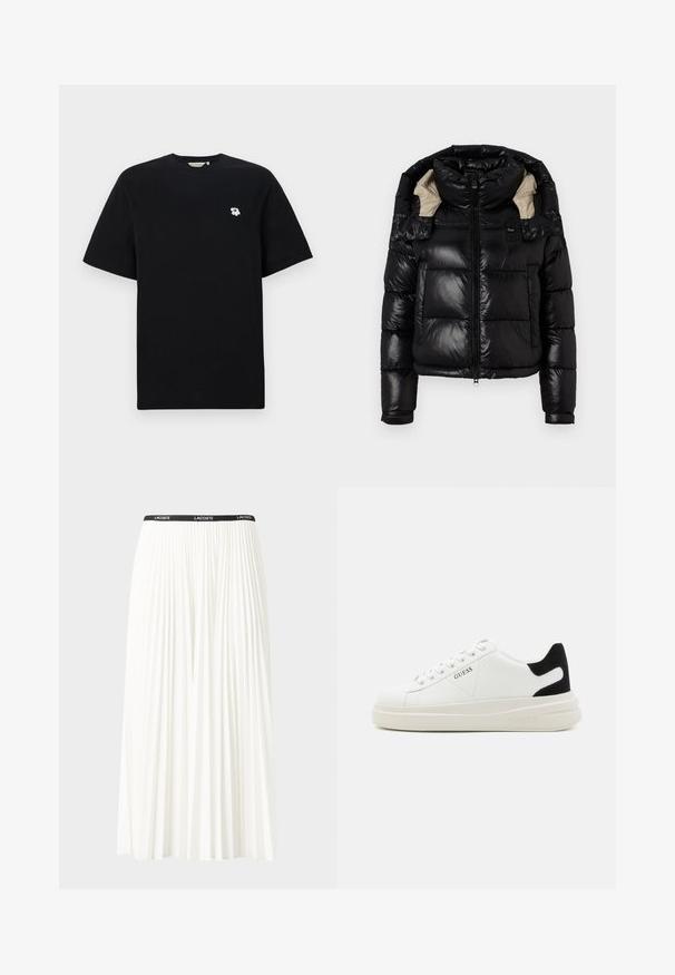 Juodas pūkinis švarkas su blizgiu paviršiumi, aukštu apykakle ir smėlio spalvos pamušalu. Įrengtas užtrauktuku, turi dvi priekinės kišenes ir reguliuojamus rankogalius.; Juodas medvilninis marškinėliai trumpomis rankovėmis, su mažo balto gėlių siuvinėjimu kairėje krūtinės pusėje. Standartinio kirpimo ir apvalios kaklo dizainas.; Pleated balta sijonas su juodu elastiniu juosmeniu, ant kurio yra "LACOSTE" logotipas. Vidutinio ilgio dizainas su švelnia tekstūra.; Baltos odinės sportbačiai su storu baltu padu, juodu nubuko kulno akcentu ir iškilmingu logotipu šone. Su raišteliais, turinčiais šešis akinius.