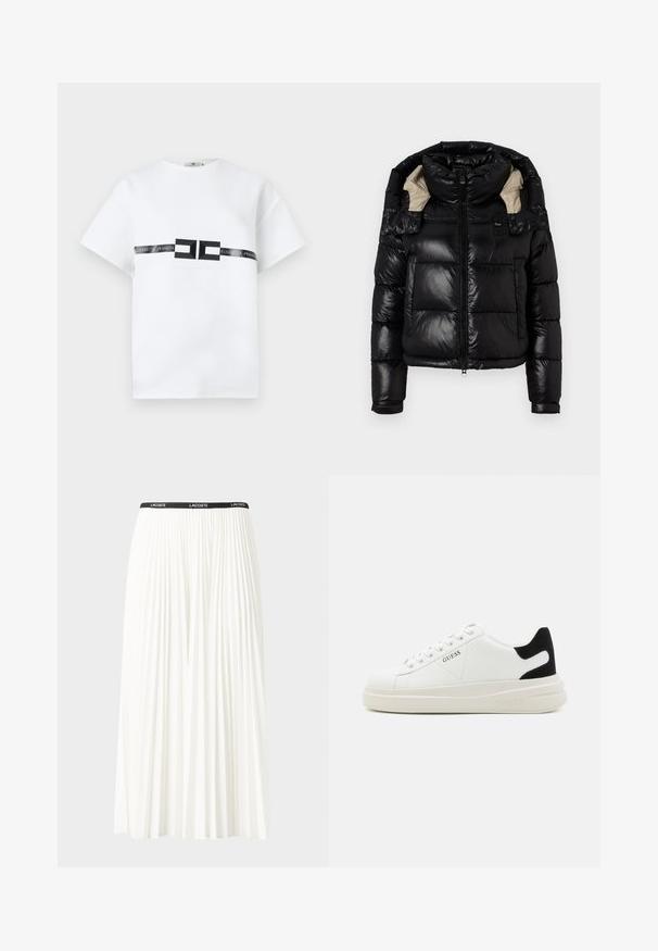 Sort pufferjakke med en blank overflade, høj krave og beige foring. Har lynlås lukning, to frontlommer og justerbare manchetter.; Hvid kortærmet T-shirt lavet af bomuld, med et centralt sort logo-bånd med teksten "ELISABETTA FRANCHI" og geometriske accenter.; Plisseret hvid nederdel med en sort elastisk talje, der har "LACOSTE"-logoet. Mellemlang design med blød tekstur.; Hvide lædersneakers med en tyk hvid sål, sort ruskindhælvægt og prægede logoer på siden. Snørebåndsdesign med seks øjer.