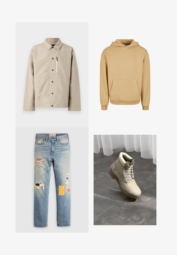 Beige bunda na knoflíky značky North Face s límcem a zipovou náprsní kapsou, navržena pro venkovní nošení.; Béžová mikina s kapucí vyrobená z měkké látky, s klokankou, žebrovanými manžetami a volným střihem.; Svetle modré džíny s volným střihem, s vybledlými nášivkami v různých barvách a designech, včetně oranžových a červených akcentů.; Béžová pracovní obuv na šněrování s polstrovaným límcem a silnou podrážkou na šedé dlažbě pod bílými průhlednými závěsy.