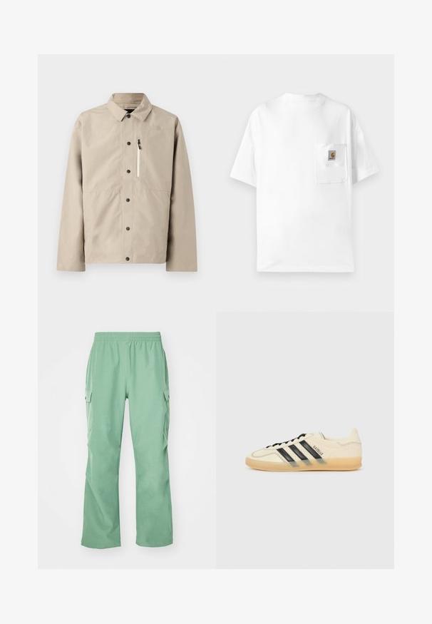 Beige North Face Hemdjacke mit Kragen und Reißverschlusstasche auf der Brust, entworfen für den Outdoor-Einsatz.; Weißes Baumwoll-T-Shirt mit rundem Halsausschnitt, kurzen Ärmeln und einer Brusttasche mit Logoplatte. Minimalistisches Design und nahtlose Textur.; Hellgrüne Cargo-Hose mit elastischem Taillenbund, aus einem glatten Material, mit zwei Seitentaschen und geradem Beinverlauf.; Helle Creme Sneaker mit schwarzem Drei-Streifen-Design, strukturiertem Obermaterial, runder Zehenpartie und Gummisohle. Verfügt über Schnürsenkel und Branding an der Seite.