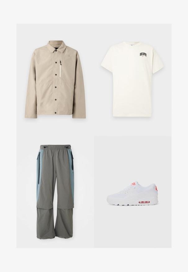 Beige North Face Hemdjacke mit Kragen und Reißverschlusstasche auf der Brust, entworfen für den Outdoor-Einsatz.; Cremfarbens Baumwoll-T-Shirt mit kurzen Ärmeln, das "NIKE SB" in schwarzem und rotem Text auf der Brust zeigt. Klassischer Rundhalsausschnitt.; Graue Outdoor-Hosen mit weitem Beinansatz, ausgestattet mit dunkelblauen Seitenpaneelen und Reißverschlusstaschen. Hergestellt aus leichtem, atmungsaktivem Material.; Weiße Sportsneaker mit einem glatten Obermaterial, Schnürverschluss, gepolsterter Sohle und einem sichtbaren Luftpolster mit roten Akzenten im Branding.