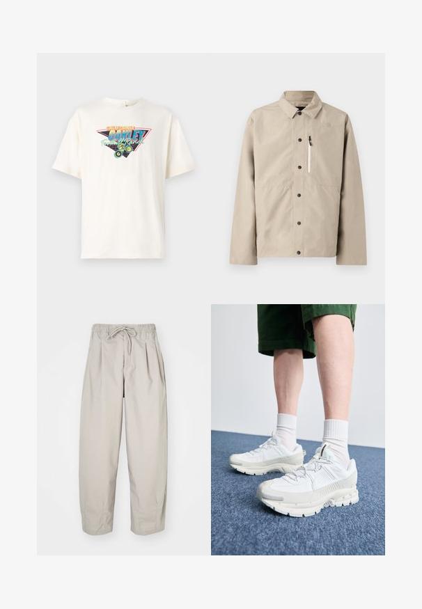 Beige krāsas North Face pogājama jaka ar apkakli un ar rāvējslēdzēju aizveramu krūšu kabatu, kas ir paredzēta āra valkāšanai.; Balts kokvilnas T-krekls ar kvadrātveida siluetu un īsām piedurknēm, ar krāsainu grafisko druku, kurā attēlota velosipēds un teksti dažādos fontu stilos.; Beige, viegla auduma bikses ar elastīgu jostu un auklu. Iespējas - krokas un brīvs piegriezums, izgatavotas no mīksta, gluda auduma.; Baltas sporta apavi ar teksturētām detaļām, masīvu zoli un pelēkiem akcentiem. Valkāti ar baltiem zeķu pēdu apģērbiem un zaļām šortiem uz zilas virsmas.