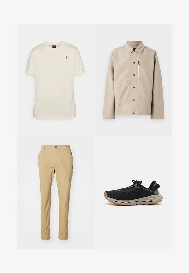 Bežinė North Face sagsta striukė su apykakle ir užtrauktuku priekinėje kišenėje, skirta lauko veikloms.; Peak Performance EXPLORE GRAPHIC TEE - Marškinėliai su spaudiniu - sand fog; Šviesiai rudos cargo kelnės, pagamintos iš lengvos medžiagos, tiesaus kirpimo, su šoninėmis kišenėmis ir sagčių užsegimu liemens srityje.; Juodos Columbia sportinės bateliai su kvėpuojančia viršutine dalimi, minkštu pilku viduriu ir tvirtu smėlio spalvos padu. Siūlo minimalistinį dizainą ir reguliuojamus raištelius.