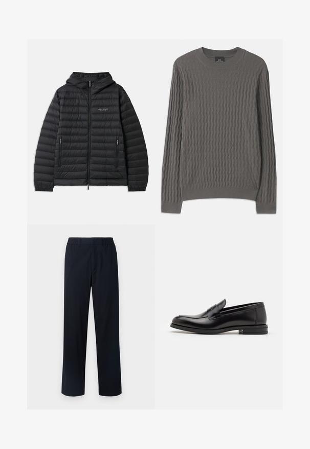 Podložena črna jakna s kapuco, sprednjim zadrgo in dvema stranskima žepoma. Ima logotip na levem prsnem delu in teksturiran, quilted dizajn.; Armani Exchange Pulover - dark gull zig zag; Morske hlače z elastičnim pasom, ravne nogavice, teksturirana tkanina, brez vidnih žepov ali okrasnih elementov.; Črne usnjene loafer čevlje z gladko teksturo, zaobljenim nosom in dekorativnim trakom čez zgornji del. Nizka zložena peta, minimalističen dizajn.