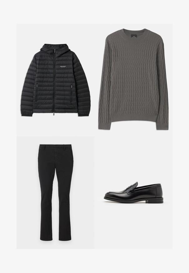 Zwarte gewatteerde jas met een capuchon, een rits aan de voorkant en twee zijzakken. Beschikt over een logo op de linkerkant van de borst en een structuur met gewatteerd ontwerp.; Armani Exchange Trui - dark gull zig zag; Zwarte chino's van katoen met een slim-fit ontwerp, rechte pijpen, voorzakken en een schone, gladde textuur, geschikt voor verschillende gelegenheden.; Zwarte leren instappers met een gladde textuur, ronde neus en een decoratieve band over de wreef. Lage, gestapelde hak en minimalistisch ontwerp.