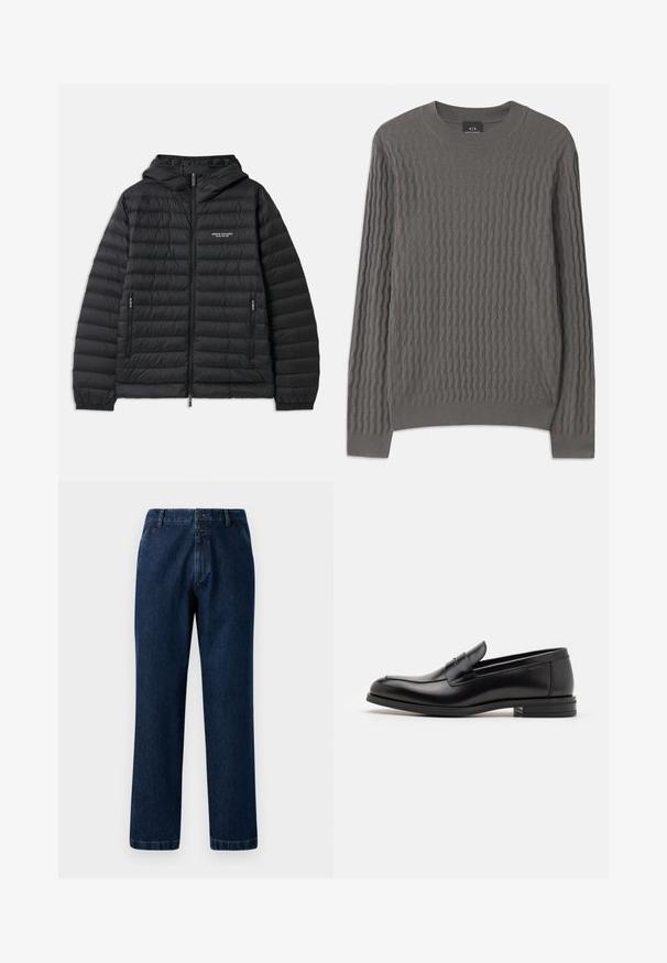 Jachetă neagră căptușită cu glugă, fermoar frontal și două buzunare laterale. Prezintă un logo pe pieptul stâng și un design texturat, matlasat.; Armani Exchange Pulover - dark gull zig zag; Blugi din denim albastru închis cu un design drept, închidere cu nasture și bucle pentru curea. Materialul are o textură subtilă și detalii clasice de cusătură.; Mocasini din piele neagră cu o textură netedă, vârf rotund și o curea decorativă peste partea superioară. Toc mic, design minimalist.
