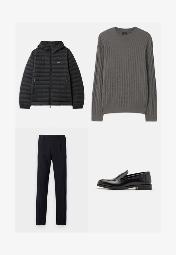 Casaco acolchoado preto com capuz, fecho frontal e dois bolsos laterais. Apresenta um logo no lado esquerdo do peito e um design texturizado e acolchoado.; Armani Exchange Camisola - dark gull zig zag; Calças pretas com acabamento texturizado, corte reto, passantes para cinto e vincos prensados na parte da frente. Sem bolsos visíveis.; Mocassins de couro preto com uma textura suave, bico arredondado e uma faixa decorativa sobre o peito do pé. Salto baixo e empilhado, design minimalista.