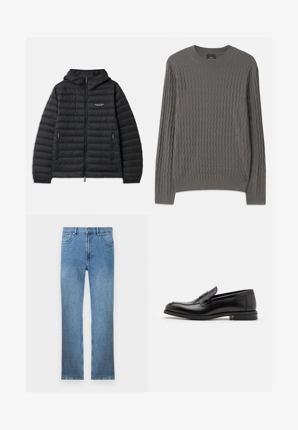 Vadderad svart jacka med huva, framdragkedja och två sidofickor. Har en logotyp på vänster bröst och en texturerad, kviltad design.; Armani Exchange Stickad tröja - dark gull zig zag; Ljusblå denimjeans med rak passform, fem fickor, dragkedja och kontrasterande sömmar. Tyget har en jämn, texturerad finish.; Svarta läderloafers med en slät yta, rund tå och ett dekorativt band över främre delen. Låg staplad klack, minimalistisk design.