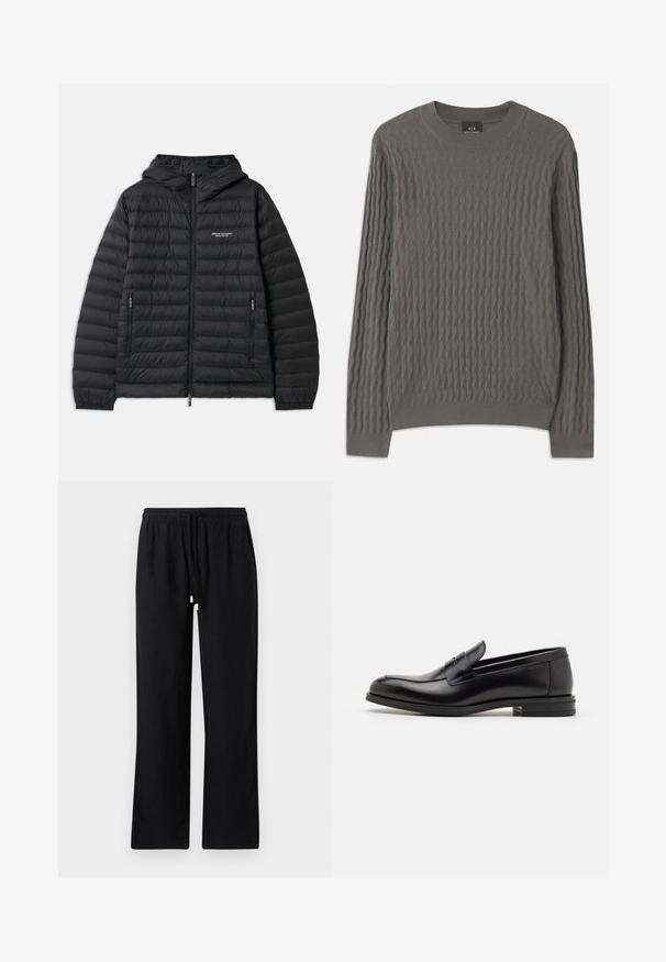 Padded black jacket with a hood, front zipper, and two side pockets. Features a logo on the left chest and textured, quilted design.; Armani Exchange Jumper - dark gull zig zag; Vilebrequin PACHA - Trousers - noir; Black leather loafers with a smooth texture, rounded toe, and a decorative strap across the vamp. Low stacked heel, minimalist design.