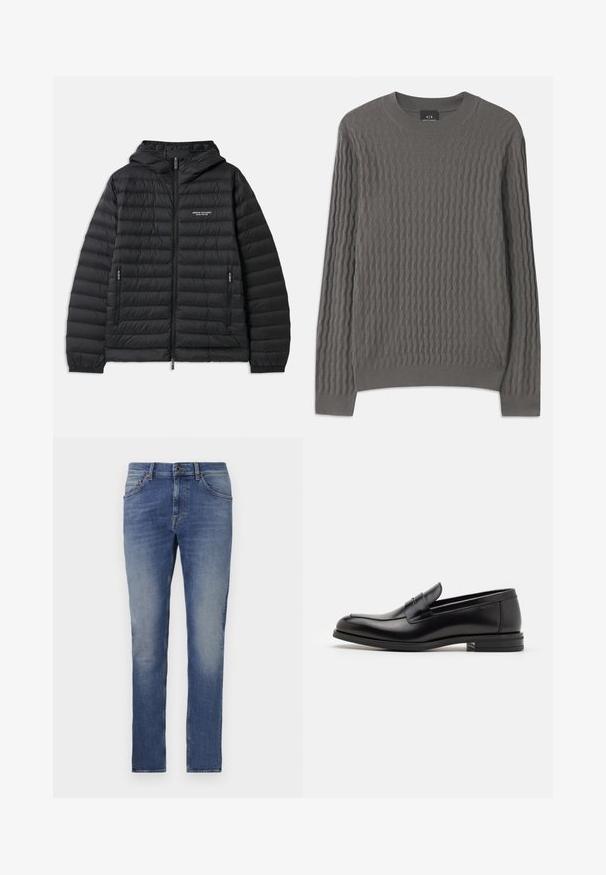 Ocieplana czarna kurtka z kapturem, z zapięciem na zamek z przodu oraz dwoma bocznymi kieszeniami. Posiada logo na lewej piersi oraz textured, pikowany wzór.; Armani Exchange - Sweter; Jasnoniebieskie dżinsy z lekkim przetarciem, pięć kieszeni, prosty krój nogawek i zapięcie na guzik. Charakteryzują się lekkimi przetarciami i subtelnymi akcentami w sticiach.; Czarne skórzane mokasyny o gładkiej fakturze, zaokrąglonym nosku i dekoracyjnym pasku na przodzie. Niski, warstwowy obcas, minimalistyczny design.