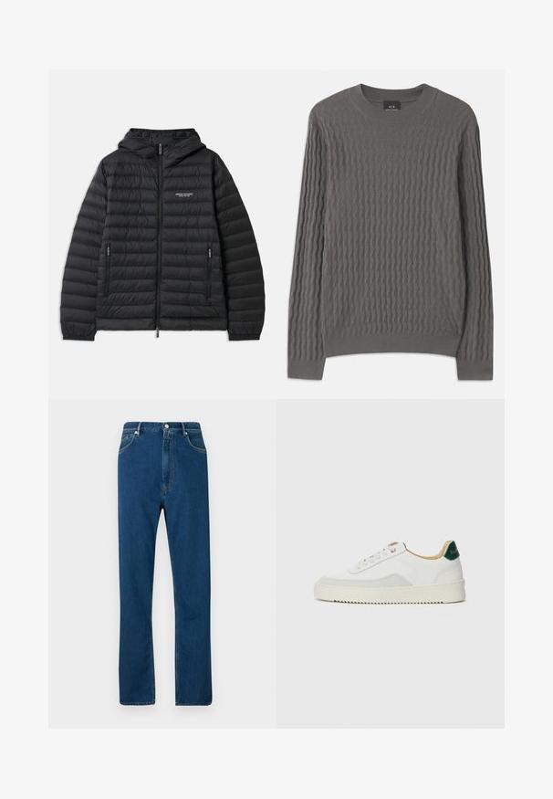 Chaqueta negra acolchada con capucha, cremallera frontal y dos bolsillos laterales. Presenta un logotipo en el pecho izquierdo y un diseño texturizado acolchado.; Armani Exchange Jersey de punto - dark gull zig zag; Vaqueros de mezclilla azul con cintura alta, diseño de pierna recta, estilo de cinco bolsillos y costuras en naranja contrastante. Textura suave.; Zapatilla blanca con acentos de ante, puntera redondeada, cordones planos y suela de goma color crema. Presenta un logo verde en el talón.