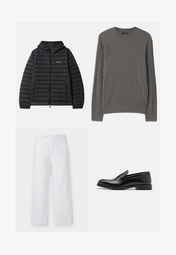 Juodasis paminkštintas švarkas su gobtuvu, priekiniais užtrauktukais ir dviem šoniniais kišenėmis. Kairėje krūtinės pusėje yra logotipas, o dizainas yra tekstūruotas, siuvinėtas.; Armani Exchange Džemperis - dark gull zig zag; Balti medvilniniai plačios kojos kelnių su aukštu liemeniu, pasižymintys mygtuku ir atverstais kraštais. Lygus paviršius ir klasikinis dizainas.; Juodos odinės loafers, turinčios lygų paviršių, apvalią noselę ir dekoratyvinę juostą per priekinę dalį. Žemas krentantis kulnas, minimalistinis dizainas.