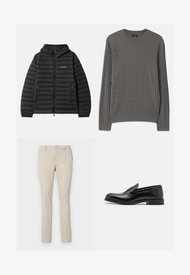 Podložena črna jakna s kapuco, sprednjim zadrgo in dvema stranskima žepoma. Ima logotip na levem prsnem delu in teksturiran, quilted dizajn.; Armani Exchange Pulover - dark gull zig zag; Bež chinos hlače s ravnim krojem, z stranskimi žepi in gladko teksturo tkanine. Brez vidnih vzorcev ali strojnih podrobnosti.; Črne usnjene loafer čevlje z gladko teksturo, zaobljenim nosom in dekorativnim trakom čez zgornji del. Nizka zložena peta, minimalističen dizajn.