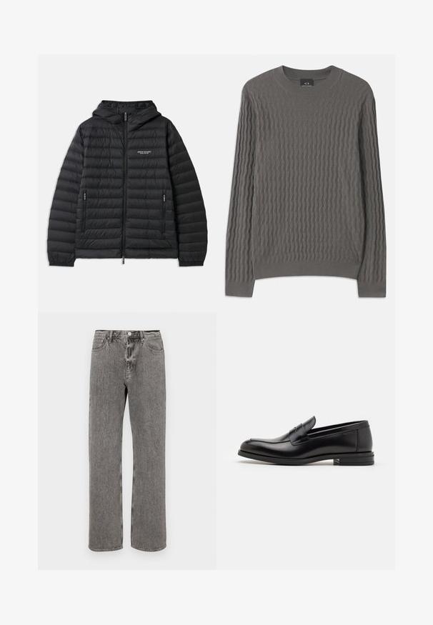 Pudret sort jakke med hætte, lynlås foran og to sidelommer. Har et logo på venstre bryst og en struktureret, quiltet design.; Armani Exchange Striktrøje - dark gull zig zag; Grå denim jeans med lige ben, fem-lomme-design og knaplukning i taljen. Subtilt falmet tekstur over det hele.; Sorte læderloafers med en glat overflade, rund tå og en dekorativ strop over vampen. Lav hæl med stabeldesign, minimalistisk stil.