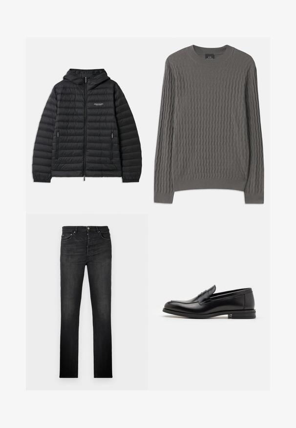 Mīksts melns mētelis ar kapuci, priekšā ar rāvējslēdzēju un divām sānu kabatām. Uz kreisā krūškurvja izvietots logo un teksturēts, quilted dizains.; Armani Exchange Džemperis - dark gull zig zag; Melni džinsi ar taisnu kāju dizainu, pieciem ieliktņiem un metāla furnitūru; gluda tekstūra un minimāla izbalēšanas detaļa.; Melnas ādas kurpes ar gludu tekstūru, noapaļu purngalu un dekoratīvu siksniņu pāri priekšpusei. Zems sakrauts papēdis, minimālisma dizains.
