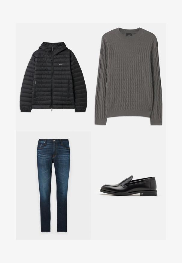 Pehmendatud must jakk kapuutsiga, ees luku ja kahe küljetaskuga. Funktsioonide seas on logo vasakul rinnal ja tekstureeritud, tikandiga muster.; Armani Exchange Džemper - dark gull zig zag; Tumed sinised teksad sirge lõikega, viie taskuga, oranžide õmbluste aktsentidega ja siledast materjalist.; Mustad mustad nahast loafers sileda tekstuuriga, ümarat ninaosa ja dekoratiivne riba vampi üle. Madal kihiline konts, minimalistlik disain.