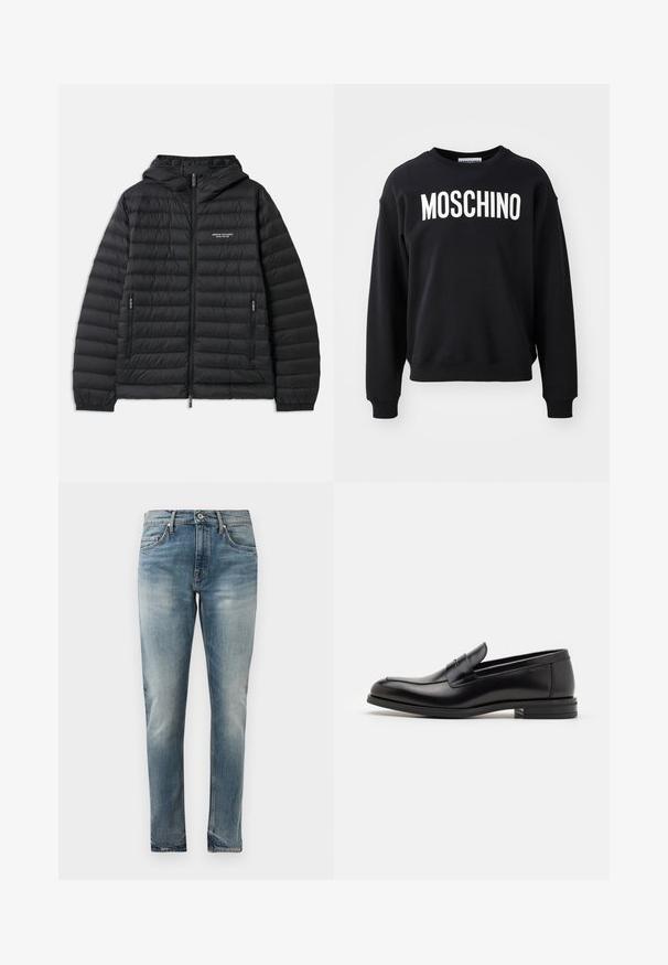 Veste noire matelassée avec capuche, fermeture éclair sur le devant et deux poches latérales. Présente un logo sur la poitrine gauche et un design texturé, matelassé.; Sweat-shirt noir en tissu doux avec un col rond et des poignets côtelés. Logo blanc "MOSCHINO" bien visible sur le devant.; Jean en denim bleu slim fit avec effet délavé, style à cinq poches, fermeture à bouton et légères marques d'usure au niveau des hanches et des genoux.; Mocassins en cuir noir avec une texture lisse, bout rond et une sangle décorative sur le dessus. Talon bas empilé, design minimaliste.