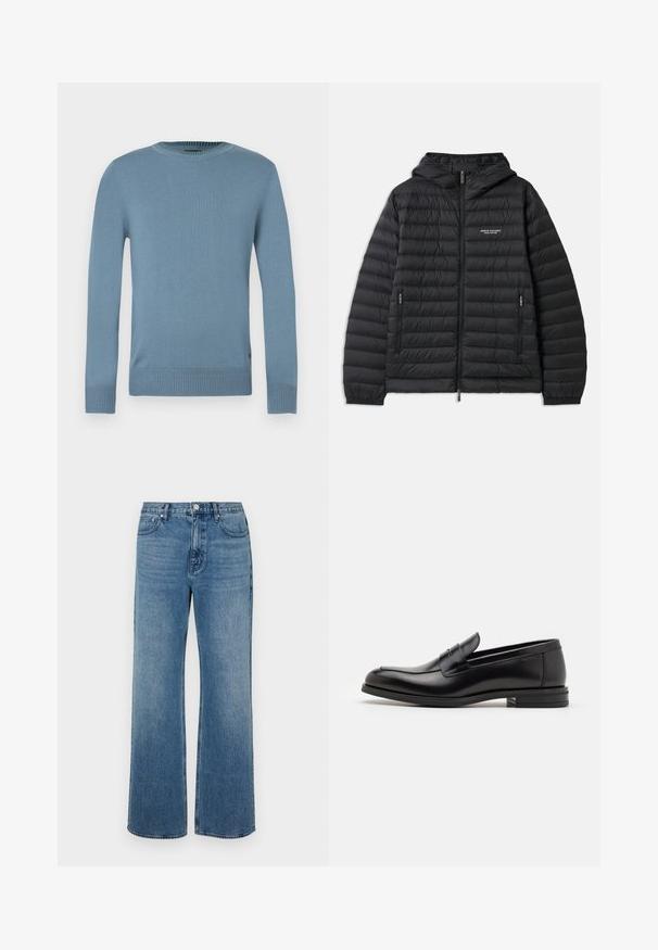 Padded black jacket with a hood, front zipper, and two side pockets. Features a logo on the left chest and textured, quilted design.; Light blue sweater made of smooth knit fabric with long sleeves, ribbed neckline, and hem. Features a simple design without patterns.; Wide-leg blue jeans made of denim with a faded finish. Features five pockets, a front button closure, and a straight cut.; Black leather loafers with a smooth texture, rounded toe, and a decorative strap across the vamp. Low stacked heel, minimalist design.