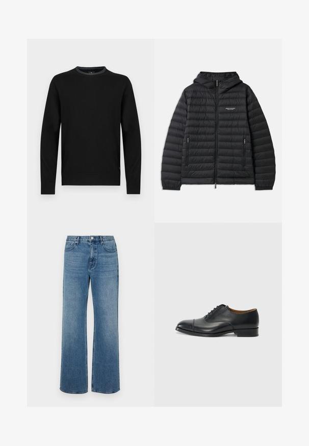 Padded black jacket with a hood, front zipper, and two side pockets. Features a logo on the left chest and textured, quilted design.; Black sweater with long sleeves, round neckline, textured ribbed collar and cuffs. Made from a smooth fabric with a simple design.; Wide-leg blue jeans made of denim with a faded finish. Features five pockets, a front button closure, and a straight cut.; Black leather dress shoe with a smooth finish, rounded toe, five eyelets for laces, and low block heel. Minimalist design with subtle stitching.