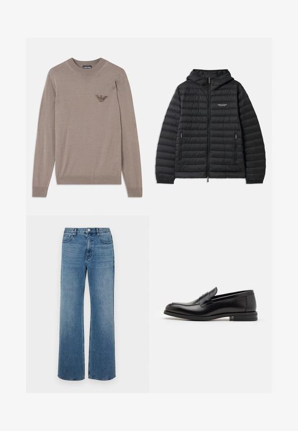 Padded black jacket with a hood, front zipper, and two side pockets. Features a logo on the left chest and textured, quilted design.; Beige sweater with long sleeves, round neck, ribbed hem, and an embroidered logo in the chest area. Made from a soft, lightweight fabric.; Wide-leg blue jeans made of denim with a faded finish. Features five pockets, a front button closure, and a straight cut.; Black leather loafers with a smooth texture, rounded toe, and a decorative strap across the vamp. Low stacked heel, minimalist design.