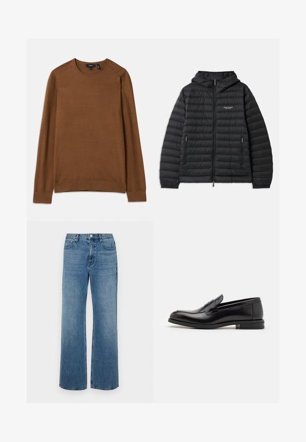 Giacca nera imbottita con cappuccio, chiusura zip frontale e due tasche laterali. Presenta un logo sul lato sinistro del petto e un design goffrato trapuntato.; Maglione marrone lavorato a maglia con collo a giro, maniche lunghe raglan e motivo testurizzato. Presenta polsini e fondo a coste per un aspetto aderente.; Jeans a gamba larga blu in denim con una finitura sbiadita. Presentano cinque tasche, una chiusura con bottone frontale e una vestibilità dritta.; Mocassini neri in pelle con una texture liscia, punta arrotondata e una striscia decorativa sulla tomaia. Tacco basso impilato, design minimalista.