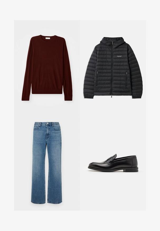 Gepolsterte schwarze Jacke mit Kapuze, Frontreißverschluss und zwei Seitentaschen. Mit einem Logo auf der linken Brust und strukturiertem, gestepptem Design.; Kastanienbrauner langärmeliger Rundhalsausschnitt-Pullover mit gerippten Bündchen und Saum, flach auf einem weißen Hintergrund ausgelegt.; Weite blaue Jeans aus Denim mit einem verblassten Finish. Verfügt über fünf Taschen, einen Frontknopfverschluss und einen geraden Schnitt.; Schwarze Lederloafers mit glatter Textur, rundem Zehenbereich und einem dekorativen Riemen über dem Vorderfuß. Niedriger, gestapelter Absatz, minimalistisches Design.