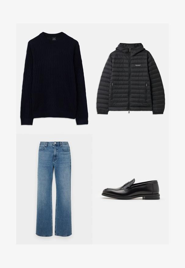Padded black jacket with a hood, front zipper, and two side pockets. Features a logo on the left chest and textured, quilted design.; Navy blue long-sleeve sweater with a textured wavy knit pattern and ribbed crew neckline, cuffs, and hem by Armani Exchange.; Wide-leg blue jeans made of denim with a faded finish. Features five pockets, a front button closure, and a straight cut.; Black leather loafers with a smooth texture, rounded toe, and a decorative strap across the vamp. Low stacked heel, minimalist design.