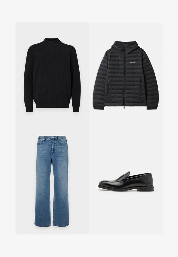 Pohodlná čierna bunda s kapucňou, predným zipsom a dvoma bočnými vreckami. Má logo na ľavej strane hrude a textúrovaný, prešívaný dizajn.; Čierny pletený sveter s vysokým golierom, dlhými rukávmi a rebrovanou textúrou. Jednoduchý, jednofarebný dizajn s voľným strihom a bez viditeľných vzorov.; Džínsy s širokými nohavicami vo farbe modrej, vyrobené z denimovej látky s vyblednutým vzhľadom. Obsahujú päť vreciek, predné zapínanie na gombík a rovný strih.; Čierne kožené mokasíny s hladkou textúrou, zaoblenou špičkou a dekoračným pásikom cez priehlavok. Nízky vrstvený opätok, minimalistický dizajn.
