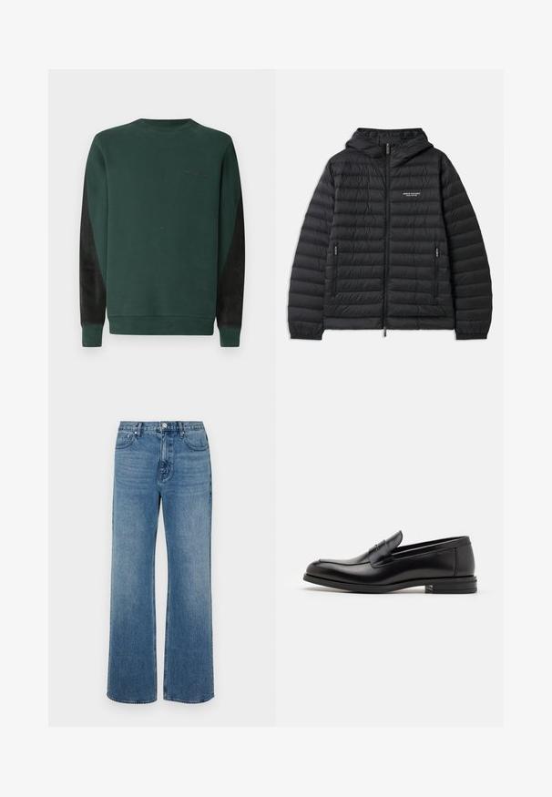 Padded black jacket with a hood, front zipper, and two side pockets. Features a logo on the left chest and textured, quilted design.; Green sweatshirt with a crew neck, black side panels, and subtle logo detailing in black on the chest. Soft, textured fabric.; Wide-leg blue jeans made of denim with a faded finish. Features five pockets, a front button closure, and a straight cut.; Black leather loafers with a smooth texture, rounded toe, and a decorative strap across the vamp. Low stacked heel, minimalist design.