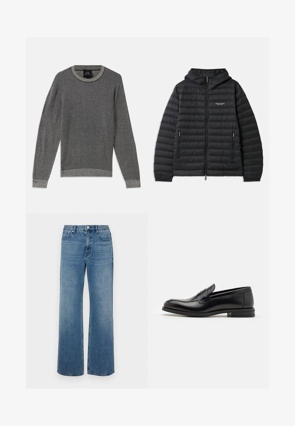 Vadderad svart jacka med huva, framdragkedja och två sidofickor. Har en logotyp på vänster bröst och en texturerad, kviltad design.; Stickad tröja i grått med ett texturerat diamantmönster. Har en ribbad rund halsringning och muddar, med en solid grå nederkant.; Vida blå jeans i vida ben av denim med en blekt finish. Har fem fickor, knappstängning fram och rak skärning.; Svarta läderloafers med en slät yta, rund tå och ett dekorativt band över främre delen. Låg staplad klack, minimalistisk design.