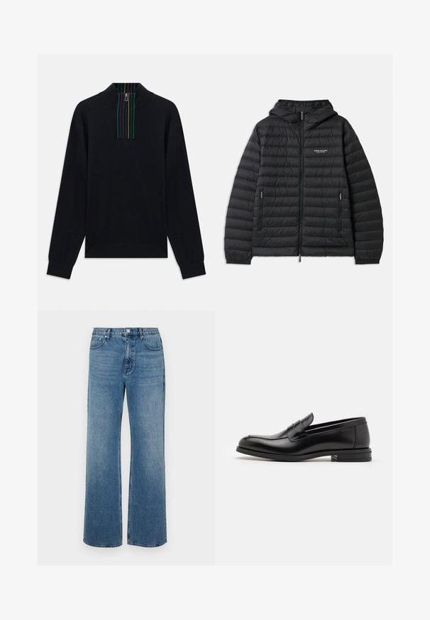 Pružná černá bunda s kapucí, předním zipem a dvěma bočními kapsami. Obsahuje logo na levé části hrudi a texturovaný, prošívaný design.; Černý pulovr s dlouhými rukávy a polo-zip límcem, zdobený vícebarevnými svislými pruhy na léze a uvnitř límce.; Široké modré džíny vyrobené z denimu s vybledlým povrchem. Mají pět kapes, přední zapínání na knoflík a rovný střih.; Černé kožené polobotky s hladkou texturou, zaoblenou špičkou a zdobným páskem přes nárt. Nízký stohovaný podpatek, minimalistický design.