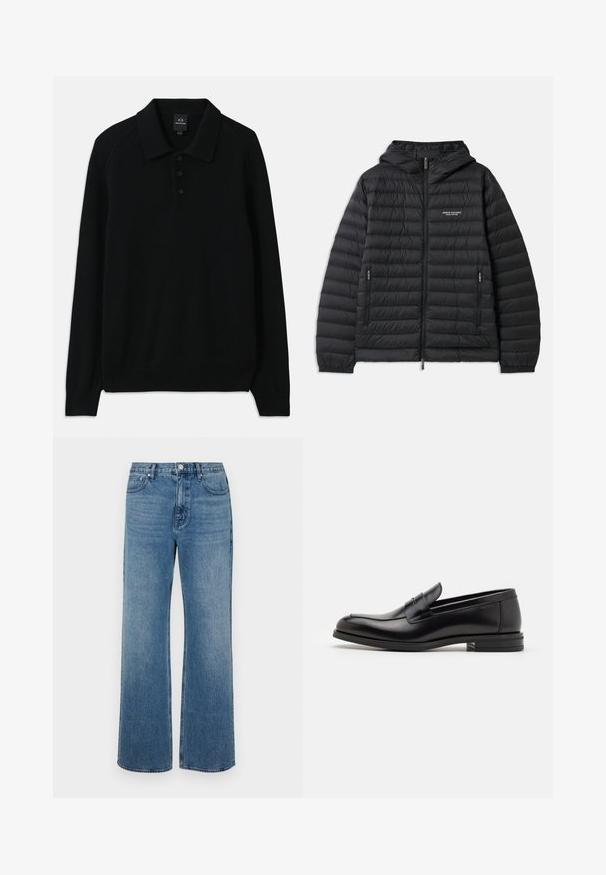 Padded black jacket with a hood, front zipper, and two side pockets. Features a logo on the left chest and textured, quilted design.; Black knitted pullover with a collared neck, three-button placket, and ribbed cuffs. Features long sleeves and a textured fabric.; Wide-leg blue jeans made of denim with a faded finish. Features five pockets, a front button closure, and a straight cut.; Black leather loafers with a smooth texture, rounded toe, and a decorative strap across the vamp. Low stacked heel, minimalist design.