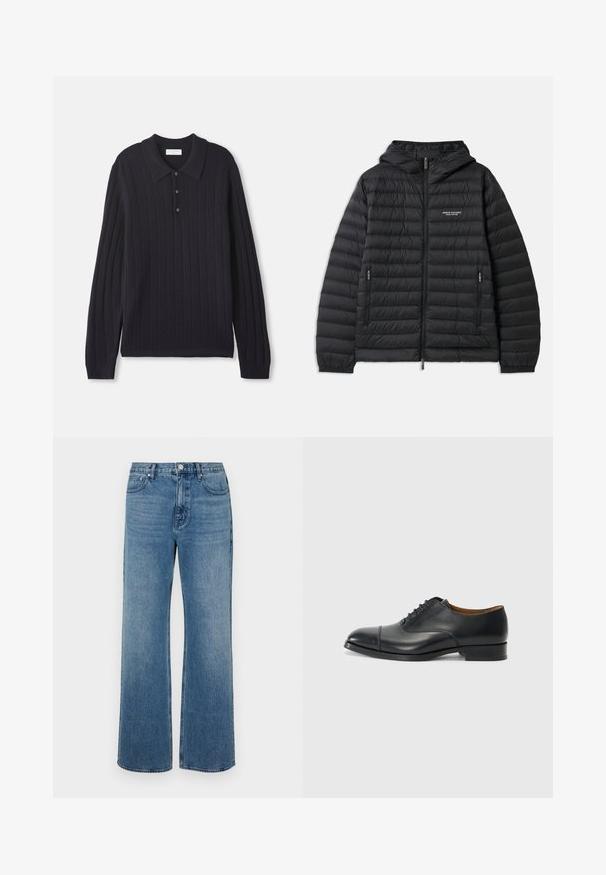 Pehmendatud must jakk kapuutsiga, ees luku ja kahe küljetaskuga. Funktsioonide seas on logo vasakul rinnal ja tekstureeritud, tikandiga muster.; Tume meriino pikkade varrukatega kudumipolo-sviiter kolme nupuga ja ribakujuliste mansettidega, millel on tekstuuriga vertikaalne triipude muster.; Laiad sinised teksad, mis on valmistatud denimist ja millel on kulunud viimistlus. Omab viit taskut, ees nööpidega kinnitust ja sirget lõiget.; Must have nahkkingak, sileda viimistluse, ümarate varvastega, viie silmaga paelte jaoks ja madala ploki kontsaga. Minimalistlik disain koos diskreetsete õmblustega.