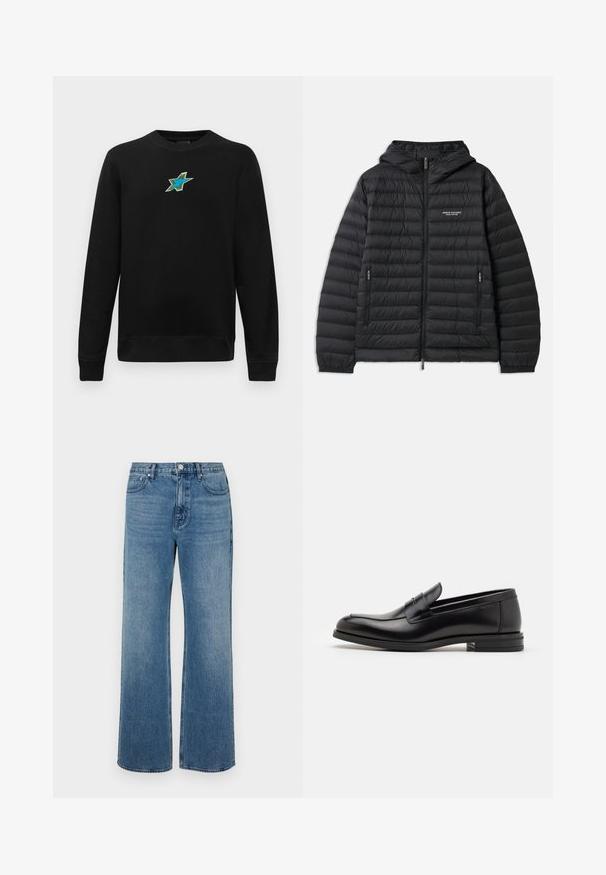 Padded black jacket with a hood, front zipper, and two side pockets. Features a logo on the left chest and textured, quilted design.; Black long-sleeve crewneck sweatshirt with a small embroidered blue and green star design centered on the chest.; Wide-leg blue jeans made of denim with a faded finish. Features five pockets, a front button closure, and a straight cut.; Black leather loafers with a smooth texture, rounded toe, and a decorative strap across the vamp. Low stacked heel, minimalist design.