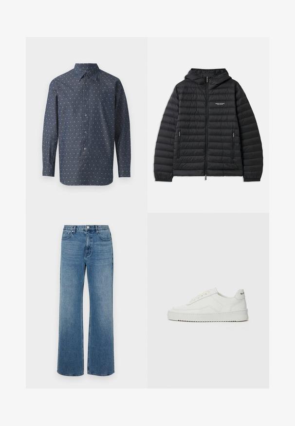 Gepolsterte schwarze Jacke mit Kapuze, Frontreißverschluss und zwei Seitentaschen. Mit einem Logo auf der linken Brust und strukturiertem, gestepptem Design.; Hemd in dunkelblauer Wahl aus einem strukturierten Stoff mit kleinen weißen und hellblauen Mustern, ausgestattet mit einem klassischen Kragen und langen Ärmeln.; Weite blaue Jeans aus Denim mit einem verblassten Finish. Verfügt über fünf Taschen, einen Frontknopfverschluss und einen geraden Schnitt.; Weiße Ledersneaker mit glatter Oberfläche, runder Zehenpartie, flachen Schnürsenkeln und strukturiertem Sohlenprofil. Mit einem dezenten Logo an der Ferse.