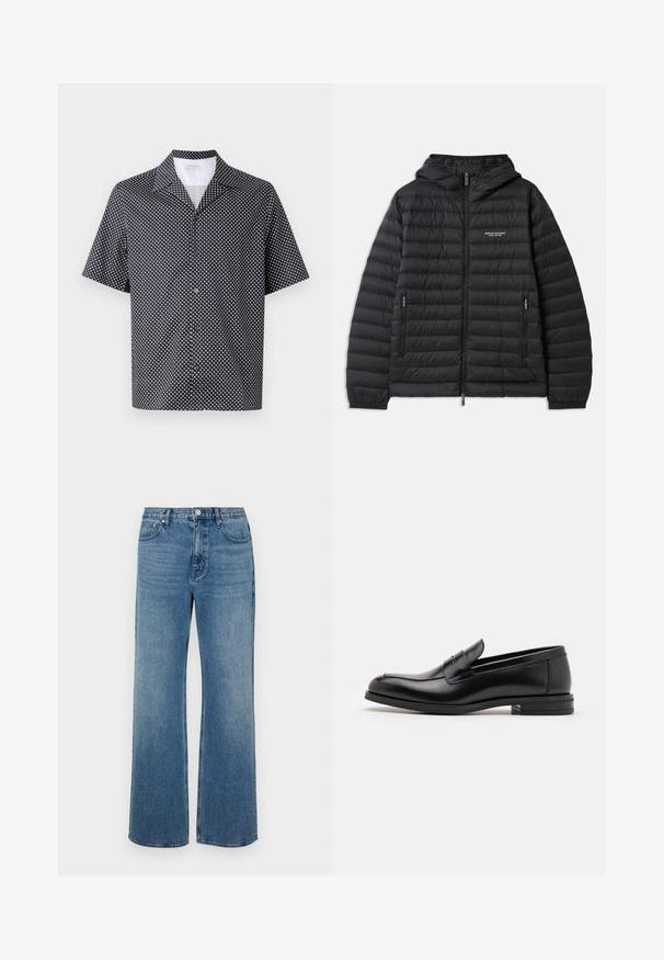 Chaqueta negra acolchada con capucha, cremallera frontal y dos bolsillos laterales. Presenta un logotipo en el pecho izquierdo y un diseño texturizado acolchado.; Camisa de manga corta de tela azul marino con un patrón circular blanco, cuello con muesca y frente abotonado con botones negros.; Pantalones vaqueros de pierna ancha en denim con un acabado desgastado. Presenta cinco bolsillos, un cierre de botón en la parte delantera y un corte recto.; Mocasines de cuero negro con una textura suave, puntera redondeada y una tira decorativa en el empeine. Tacón bajo apilado, diseño minimalista.