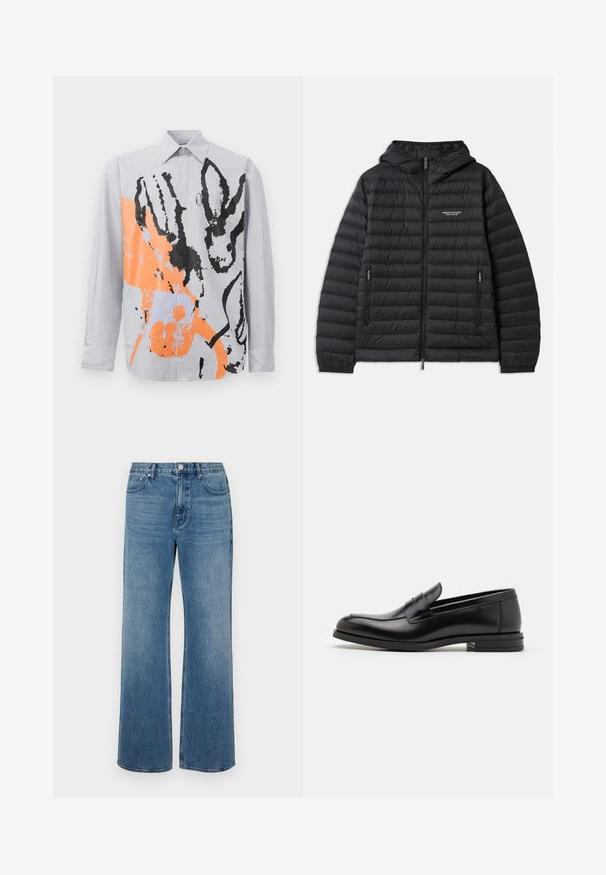 Párnázott fekete dzseki kapucnival, elülső cipzárral és két oldalsó zsebbel. A bal mellen logó található, valamint textúrált, steppelt mintázat jellemzi.; Csíkos, gombos ing, amely absztrakt narancssárga és fekete mintával, állati körvonalakkal és modern ecsetvonásos díszítéssel rendelkezik.; Széles lábú, koptatott kék farmernadrág. Öt zsebből, elülső gombos záródásból és egyenes szabásból áll.; Fekete bőr loaferek sima textúrával, kerek orral és dekoratív pánttal a vampnál. Alacsony, rétegelt sarkú, minimalista dizájn.