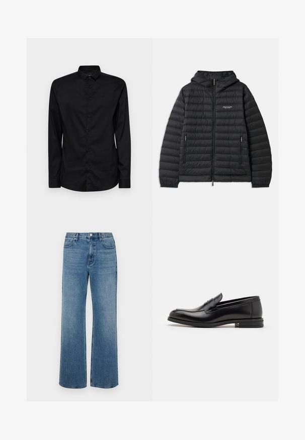 Zwarte gewatteerde jas met een capuchon, een rits aan de voorkant en twee zijzakken. Beschikt over een logo op de linkerkant van de borst en een structuur met gewatteerd ontwerp.; Zwarte blouse met lange mouwen van gladde stof, met een klassieke kraag, knopen aan de voorkant en een subtiele logo boven de linkerborst.; Brede blauwe jeans van denim met een verouderde afwerking. Heeft vijf zakken, een sluiting met vooraan knoop en een rechte snit.; Zwarte leren instappers met een gladde textuur, ronde neus en een decoratieve band over de wreef. Lage, gestapelde hak en minimalistisch ontwerp.