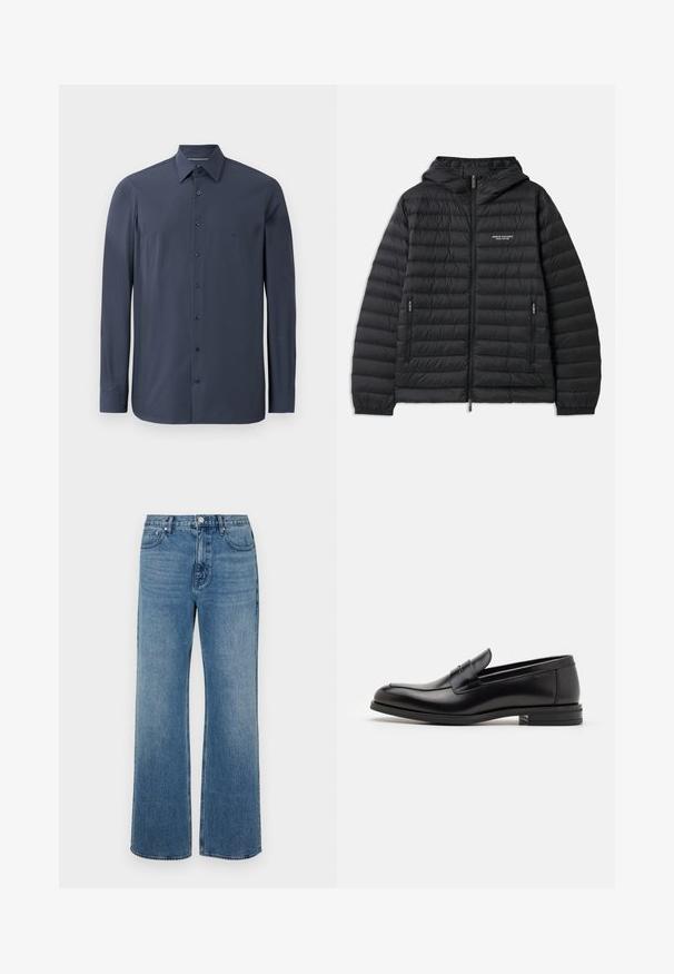 Ocieplana czarna kurtka z kapturem, z zapięciem na zamek z przodu oraz dwoma bocznymi kieszeniami. Posiada logo na lewej piersi oraz textured, pikowany wzór.; Granatowa koszula z długim rękawem, uszyta z gładkiego materiału, z kołnierzykiem na guziki i czarnymi guzikami z przodu. Widoczny delikatny detal struktury.; Szerokie niebieskie dżinsy wykonane z denimu o wyblakłym wykończeniu. Posiadają pięć kieszeni, zapięcie na guzik z przodu oraz prosty krój.; Czarne skórzane mokasyny o gładkiej fakturze, zaokrąglonym nosku i dekoracyjnym pasku na przodzie. Niski, warstwowy obcas, minimalistyczny design.