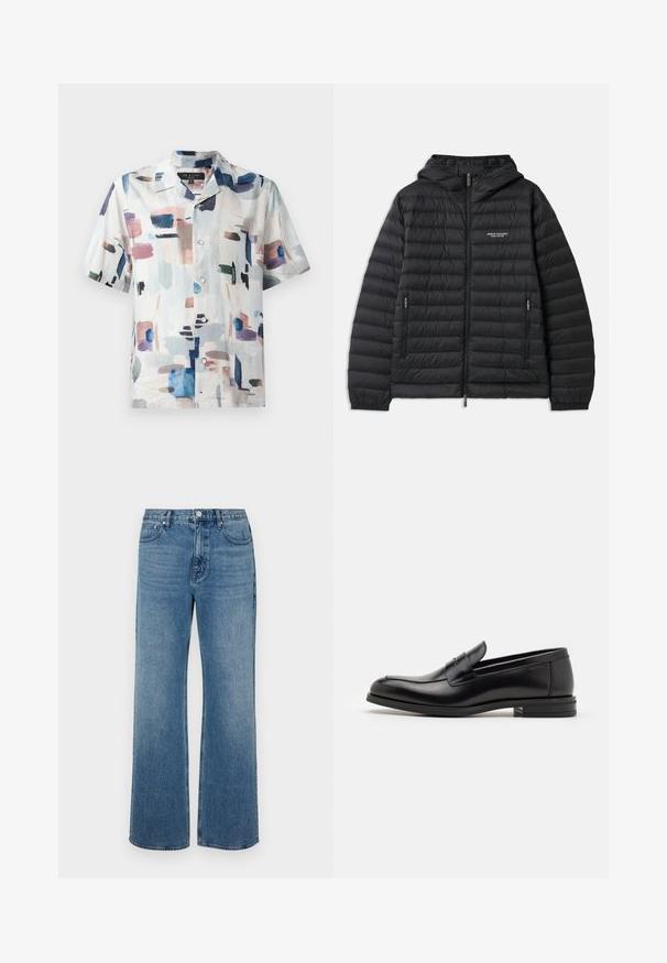 Padded black jacket with a hood, front zipper, and two side pockets. Features a logo on the left chest and textured, quilted design.; Short-sleeved button-up shirt in lightweight fabric, featuring an abstract pattern in pastels and deep blue on a white background.; Wide-leg blue jeans made of denim with a faded finish. Features five pockets, a front button closure, and a straight cut.; Black leather loafers with a smooth texture, rounded toe, and a decorative strap across the vamp. Low stacked heel, minimalist design.