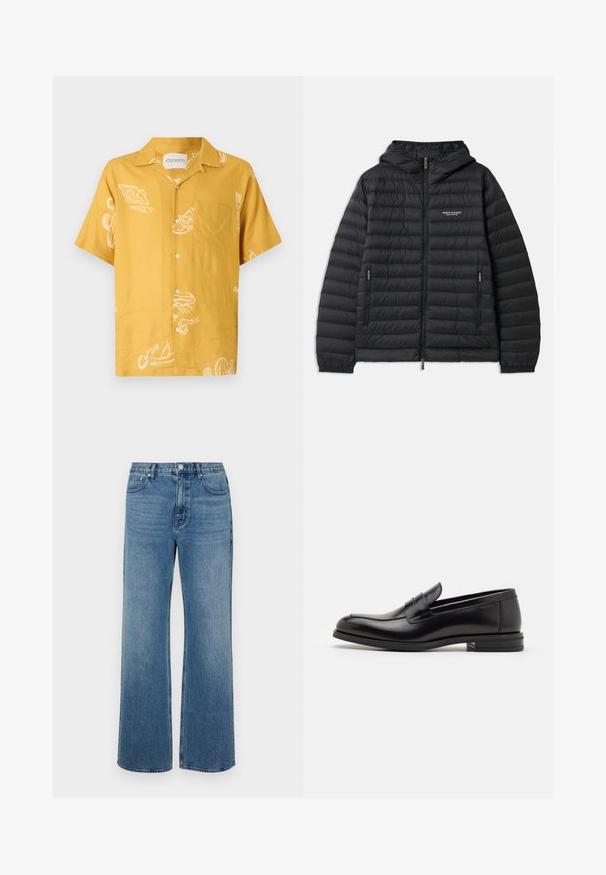 Pohodlná čierna bunda s kapucňou, predným zipsom a dvoma bočnými vreckami. Má logo na ľavej strane hrude a textúrovaný, prešívaný dizajn.; Krátky rukáv tričko v horčicovo žltej farbe s bielymi grafickými motívmi tematicky zameranými na jedlo a náprsné vrecko. Zapínanie na gombíky s voľným strihom.; Džínsy s širokými nohavicami vo farbe modrej, vyrobené z denimovej látky s vyblednutým vzhľadom. Obsahujú päť vreciek, predné zapínanie na gombík a rovný strih.; Čierne kožené mokasíny s hladkou textúrou, zaoblenou špičkou a dekoračným pásikom cez priehlavok. Nízky vrstvený opätok, minimalistický dizajn.